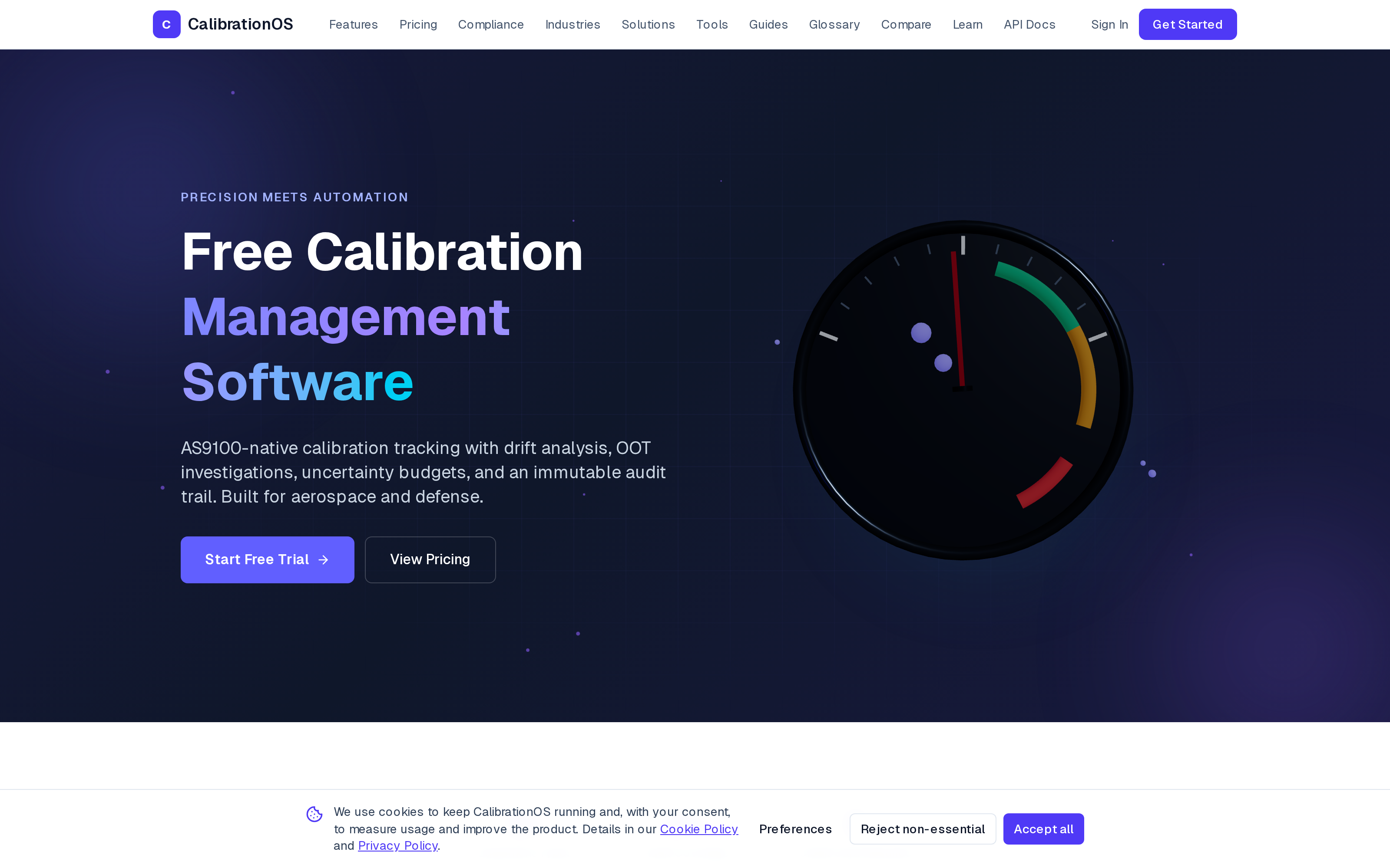 CalibrationOS — Free Calibration Management Software for aerospace and defense. AS9100-native calibration tracking with drift analysis, OOT investigations, uncertainty budgets, and immutable audit trail.