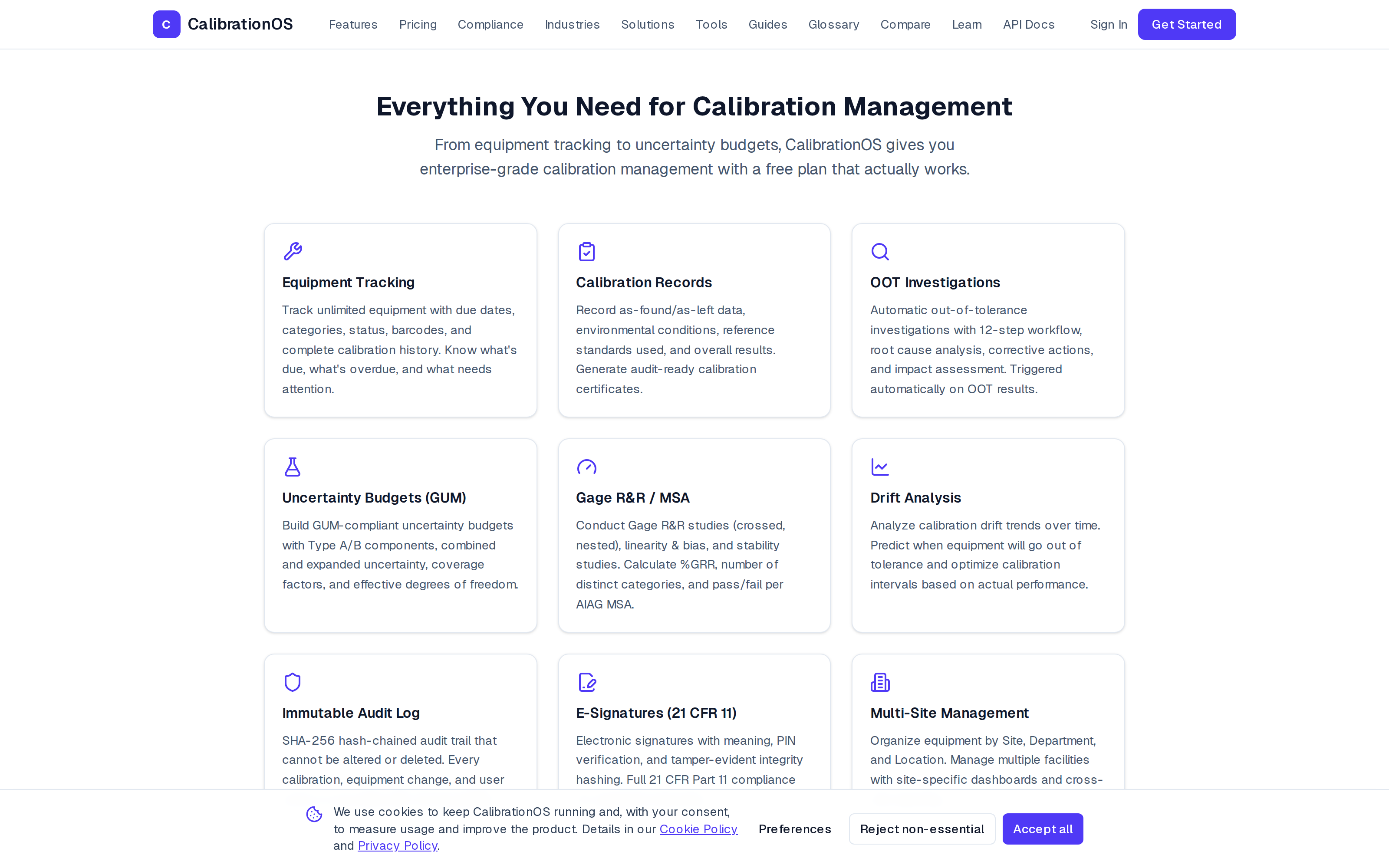 CalibrationOS Features — 9-capability grid: Equipment Tracking, Calibration Records, OOT Investigations, Uncertainty Budgets (GUM), Gage R&R / MSA, Drift Analysis, Immutable Audit Log, E-Signatures (21 CFR 11), Multi-Site Management
