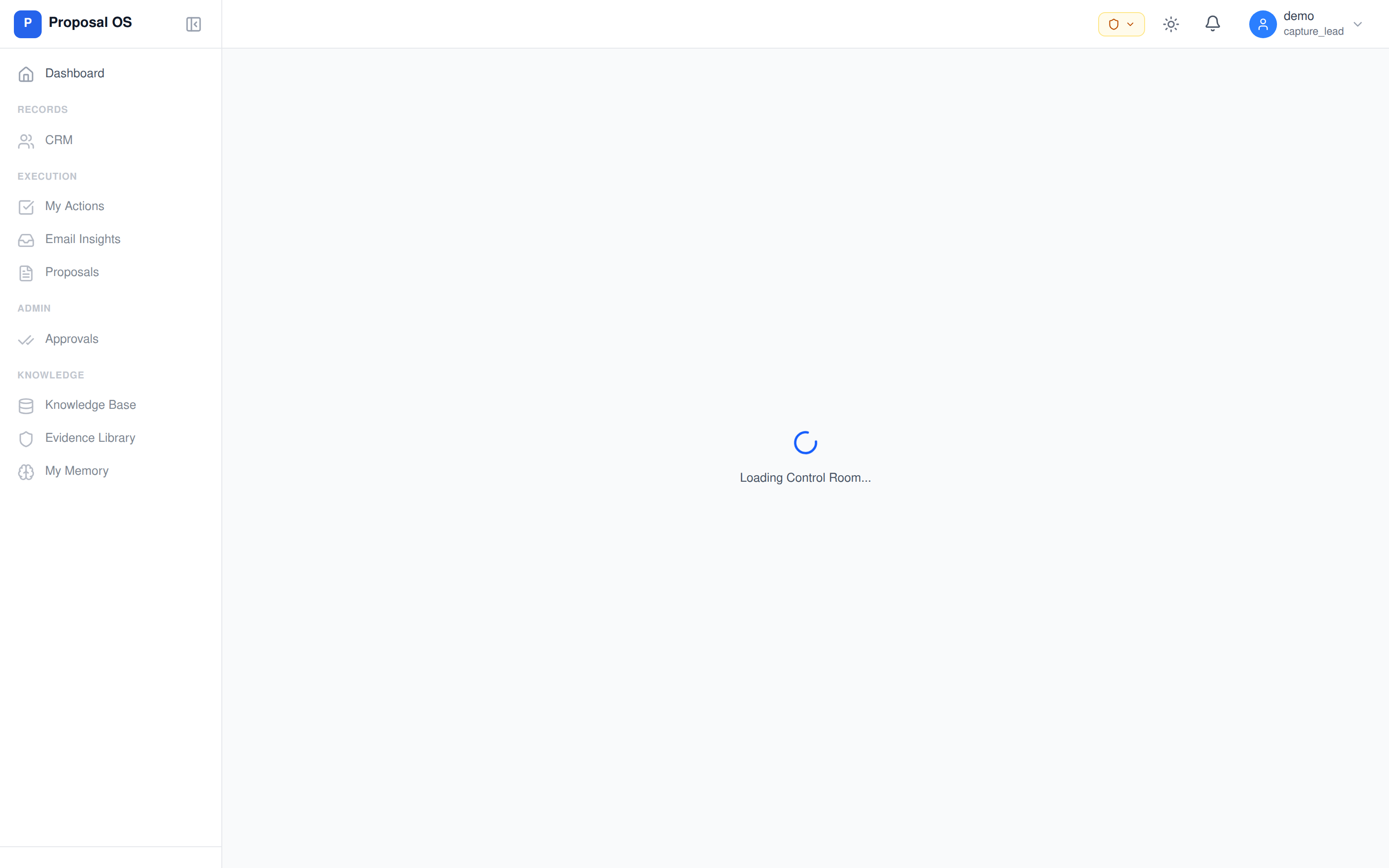 ProposalOS Manager Control Room — workload heatmap by capture lead, SLA breach risk indicators, gate-aging by proposal, escalation queue