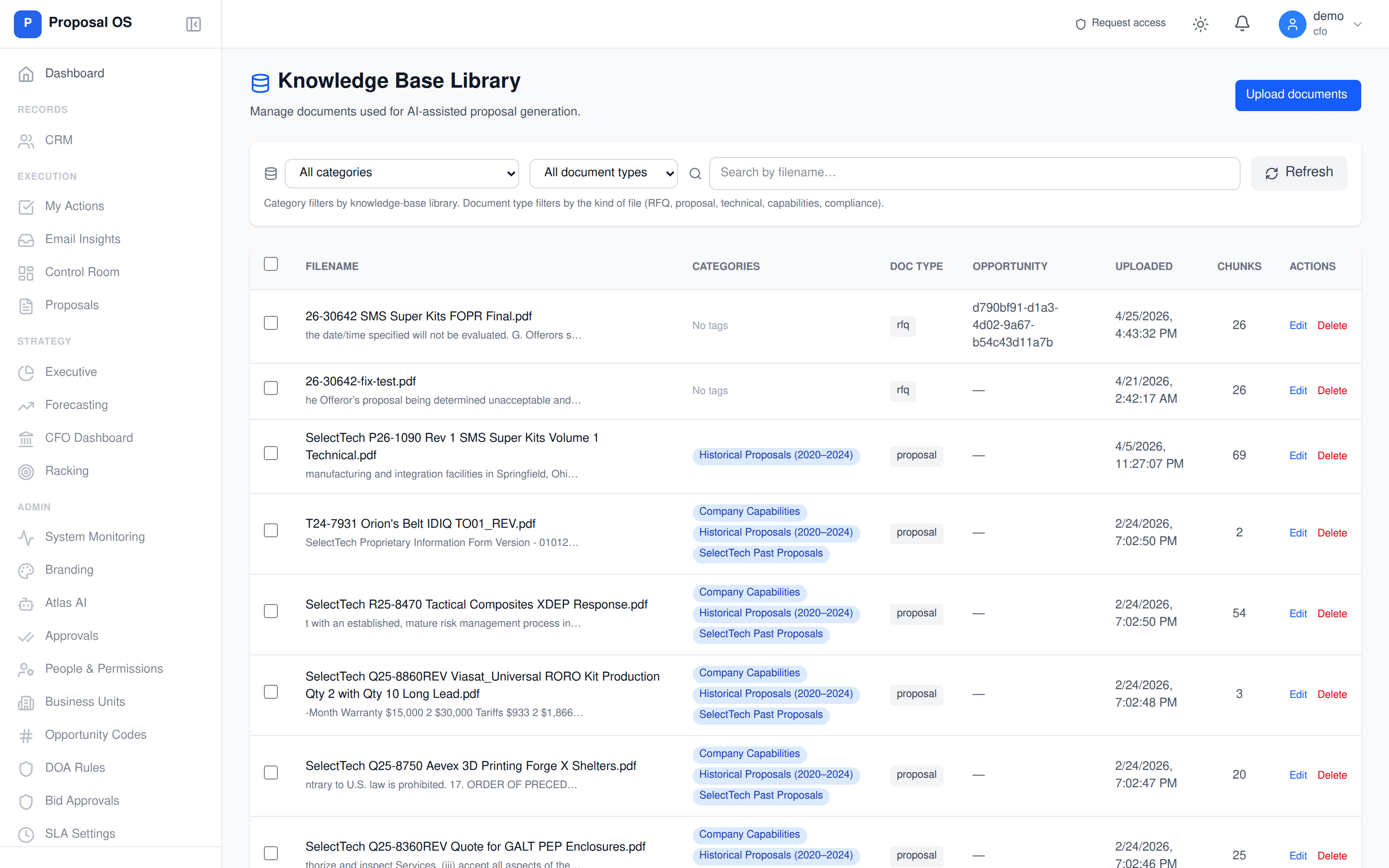 ProposalOS Knowledge Base Library — corpus of proposal documents indexed for AI retrieval, organized by category (Historical Proposals, Company Capabilities, Technical), with chunk counts and document types