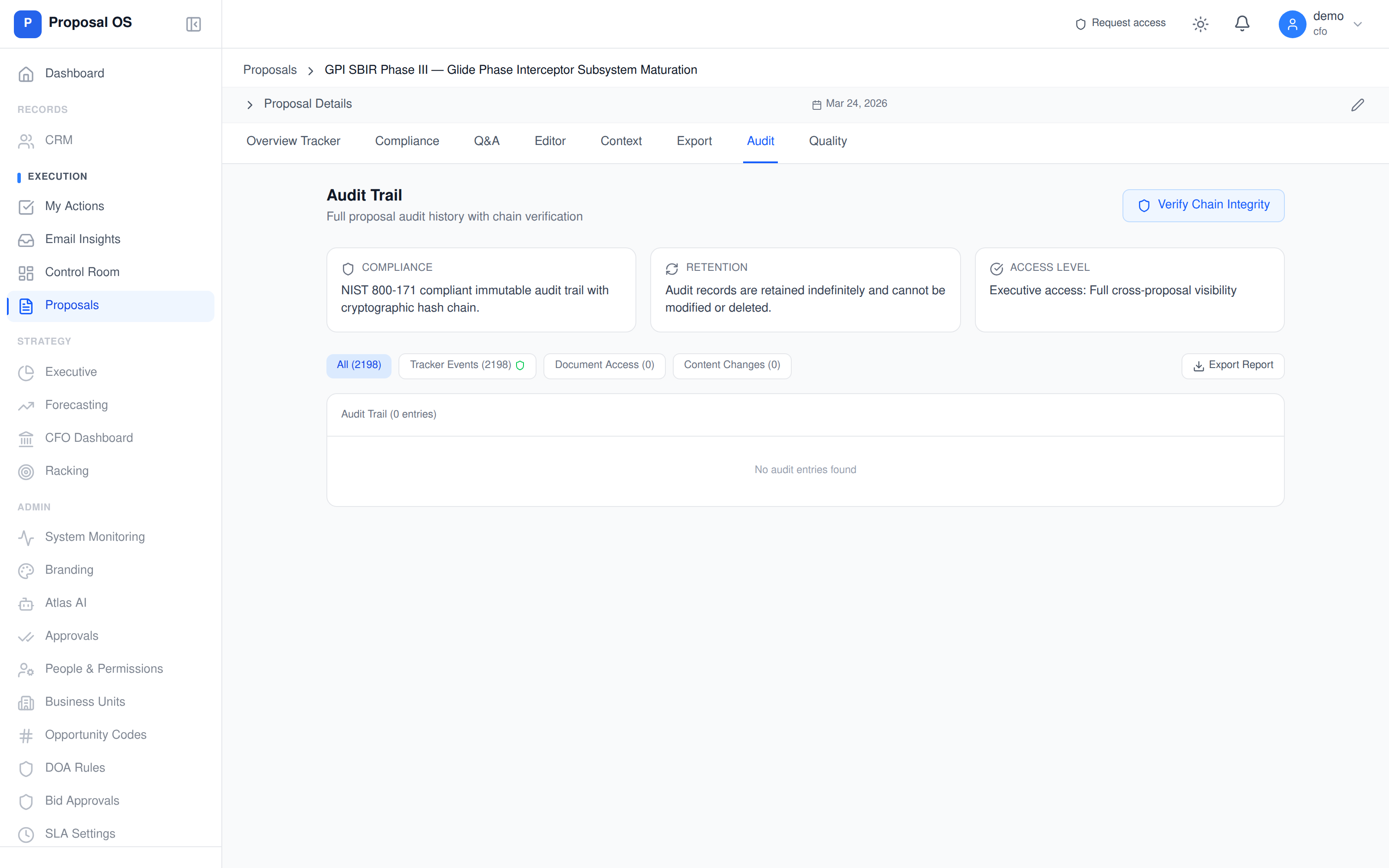 ProposalOS Audit tab — NIST 800-171 compliant immutable audit trail with cryptographic hash chain. 2,198 tracker events. Compliance pillar, retention policy, access level (Executive: Full cross-proposal visibility), Verify Chain Integrity button.
