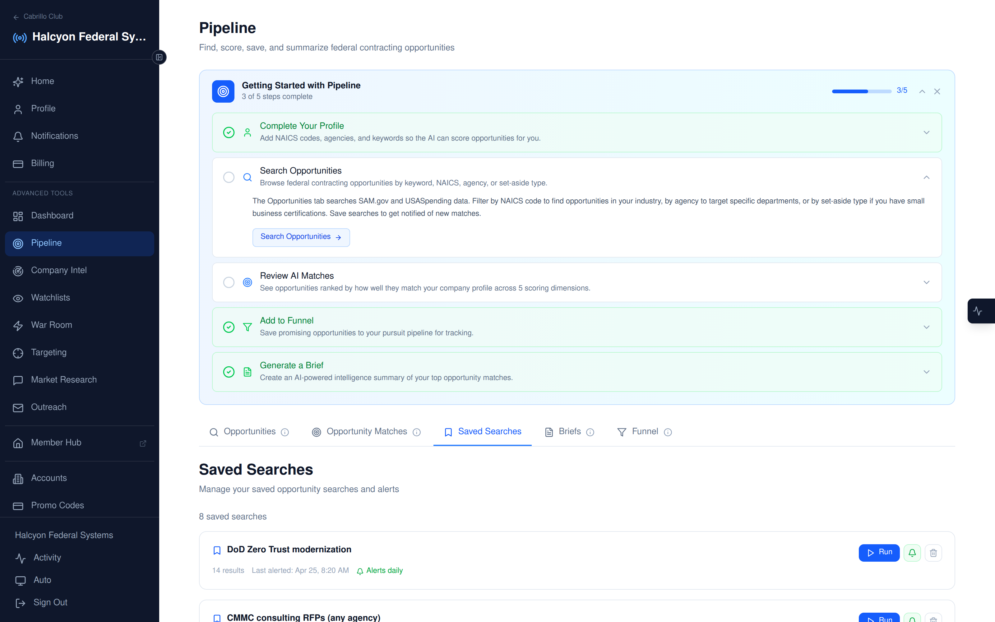 Signals Saved Searches — 8 active alert subscriptions
